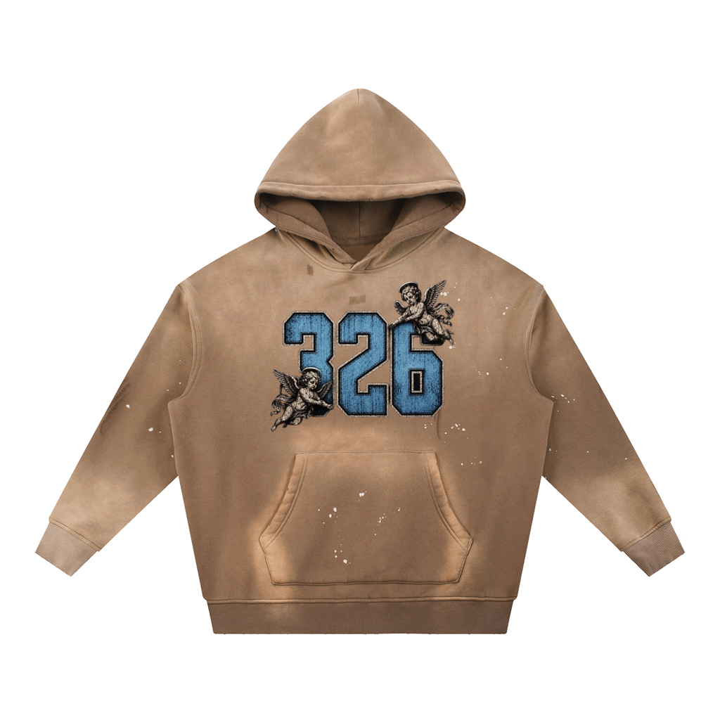 'Sky 326'Vintage Washed Frayed Fleece Hoodie