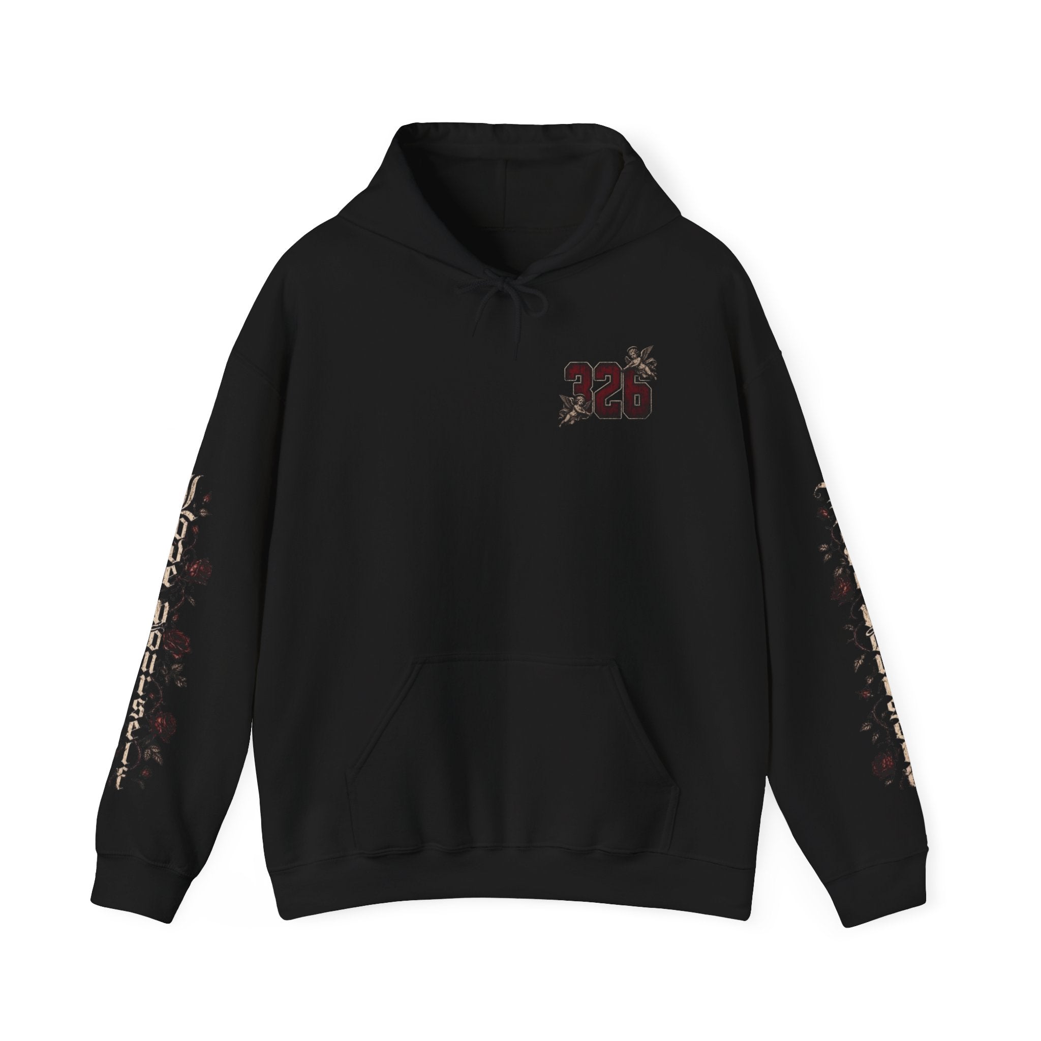 'Crimson & Bone 326' Graphic Hoodie — Vintage Floral Sleeve Pullover