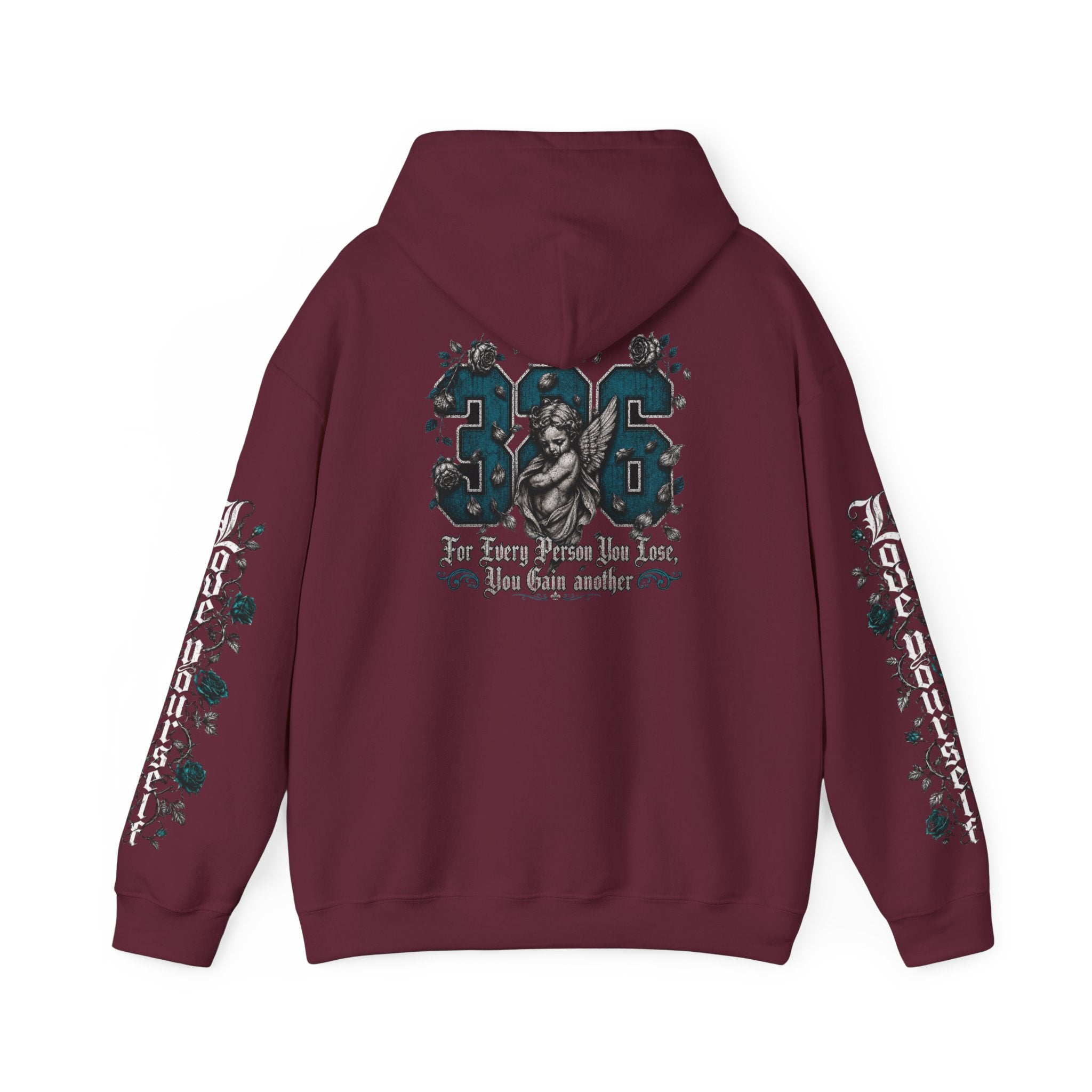 'Teal & Silver 326' Floral Guardian Hoodie with Back Graphic & Sleeve Roses