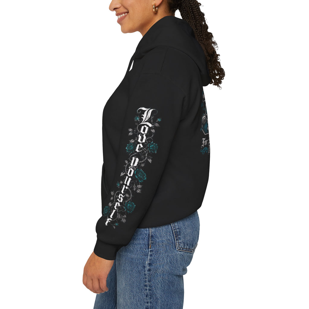 'Teal & Silver 326' Floral Guardian Hoodie with Back Graphic & Sleeve Roses