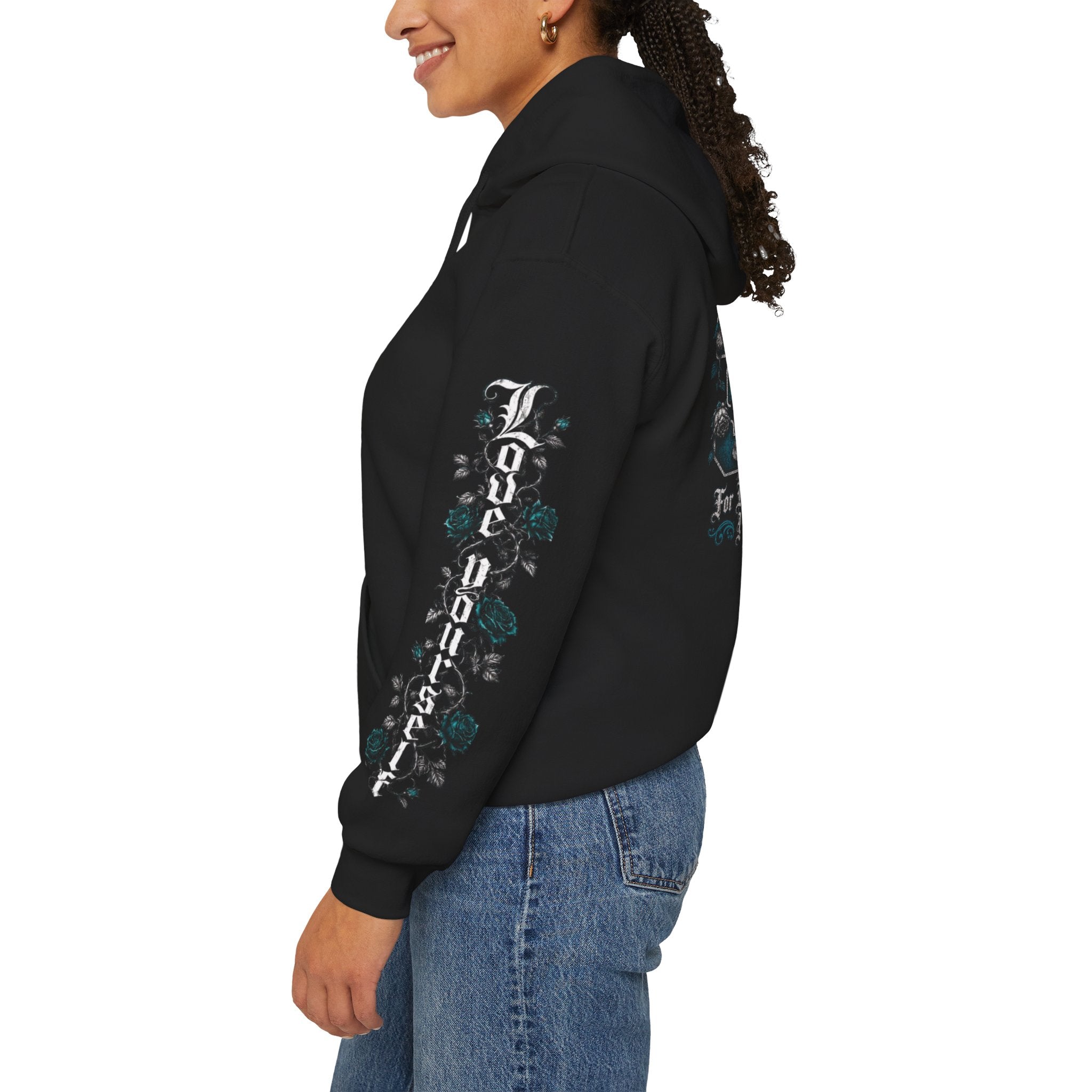 'Teal & Silver 326' Floral Guardian Hoodie with Back Graphic & Sleeve Roses