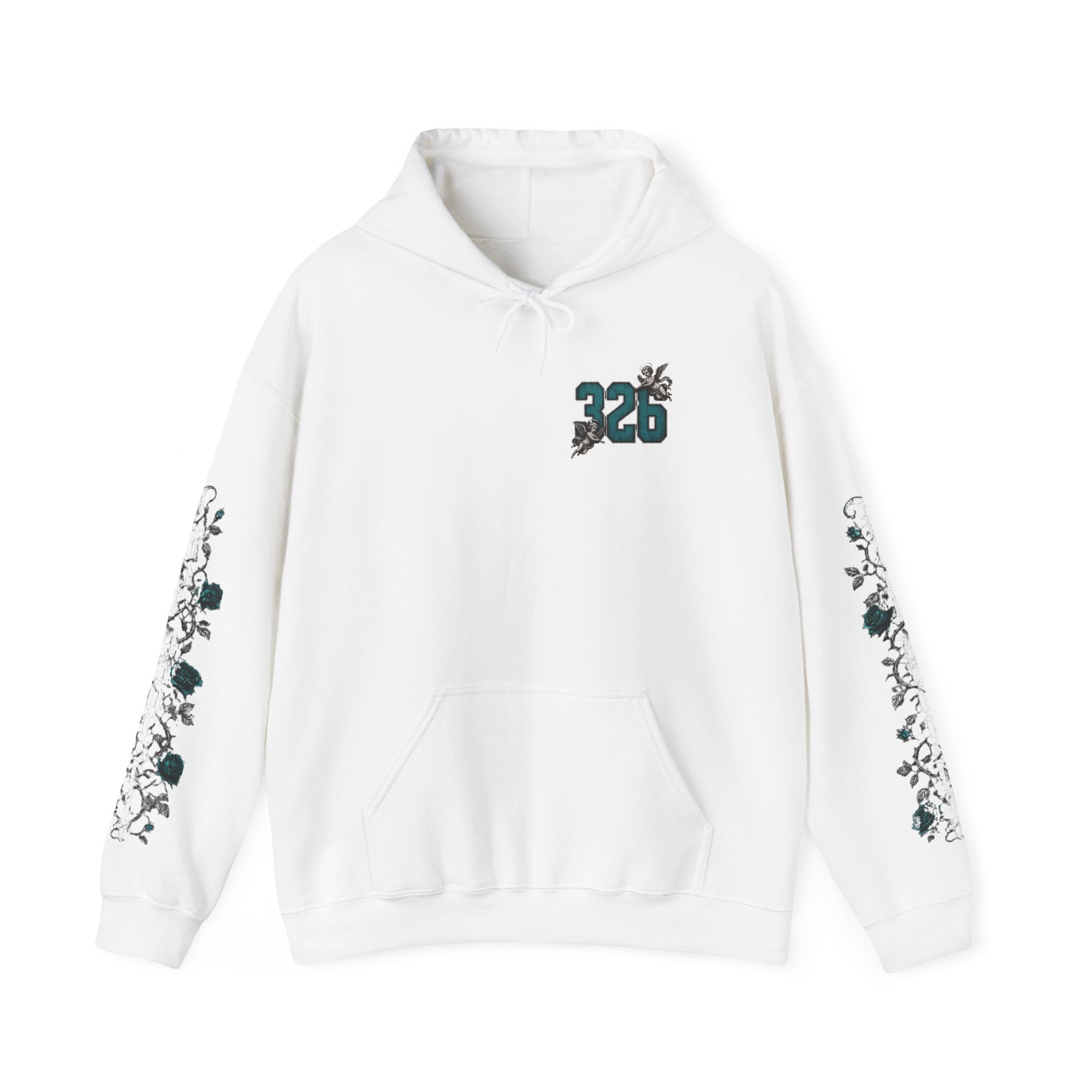'Teal & Silver 326' Floral Guardian Hoodie with Back Graphic & Sleeve Roses