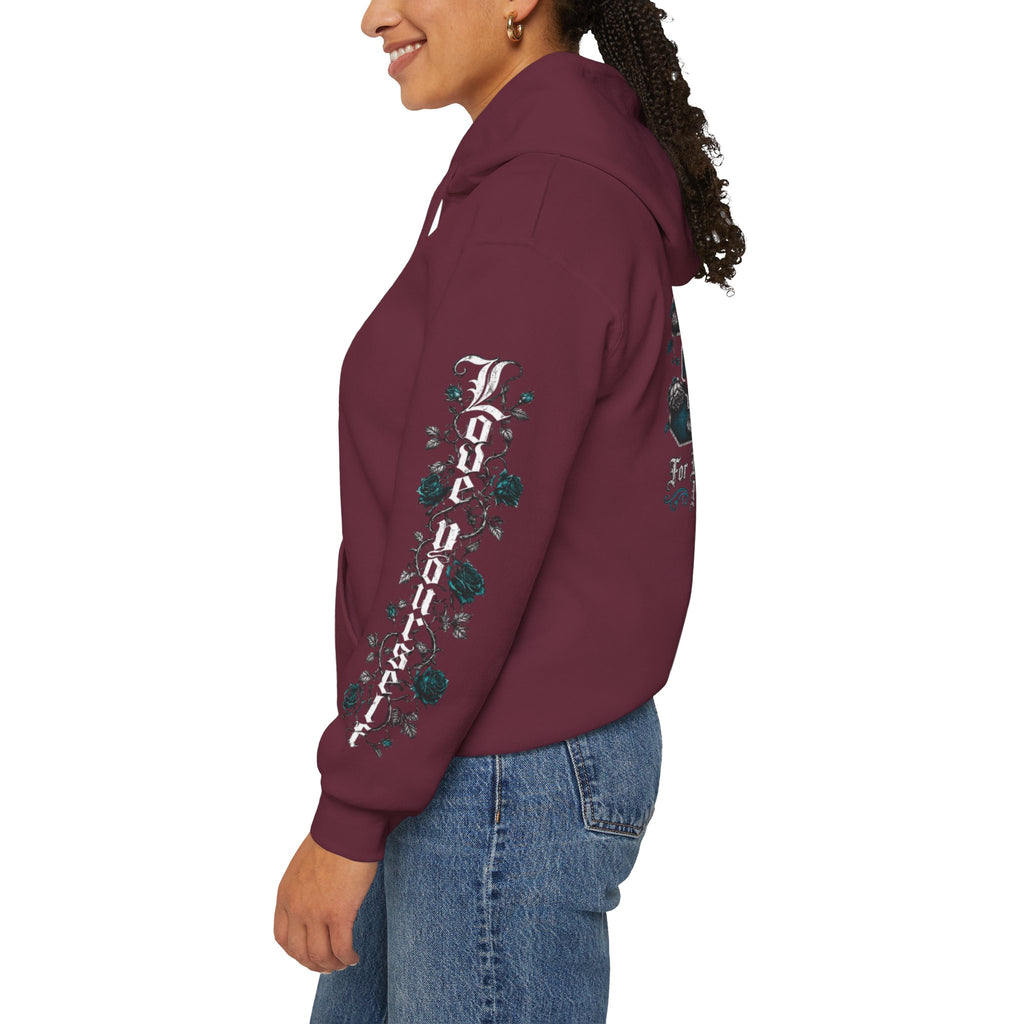 'Teal & Silver 326' Floral Guardian Hoodie with Back Graphic & Sleeve Roses