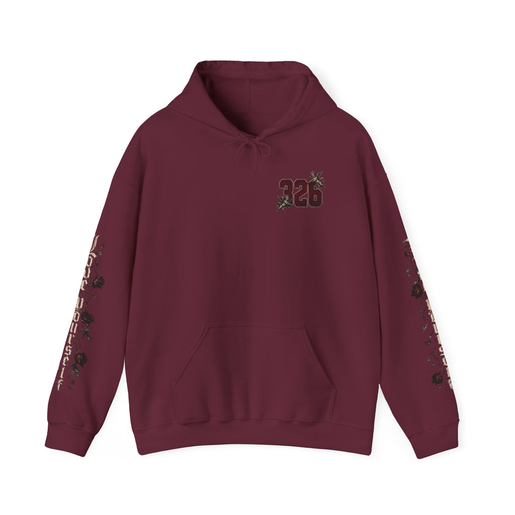 'Crimson & Bone 326' Graphic Hoodie — Vintage Floral Sleeve Pullover