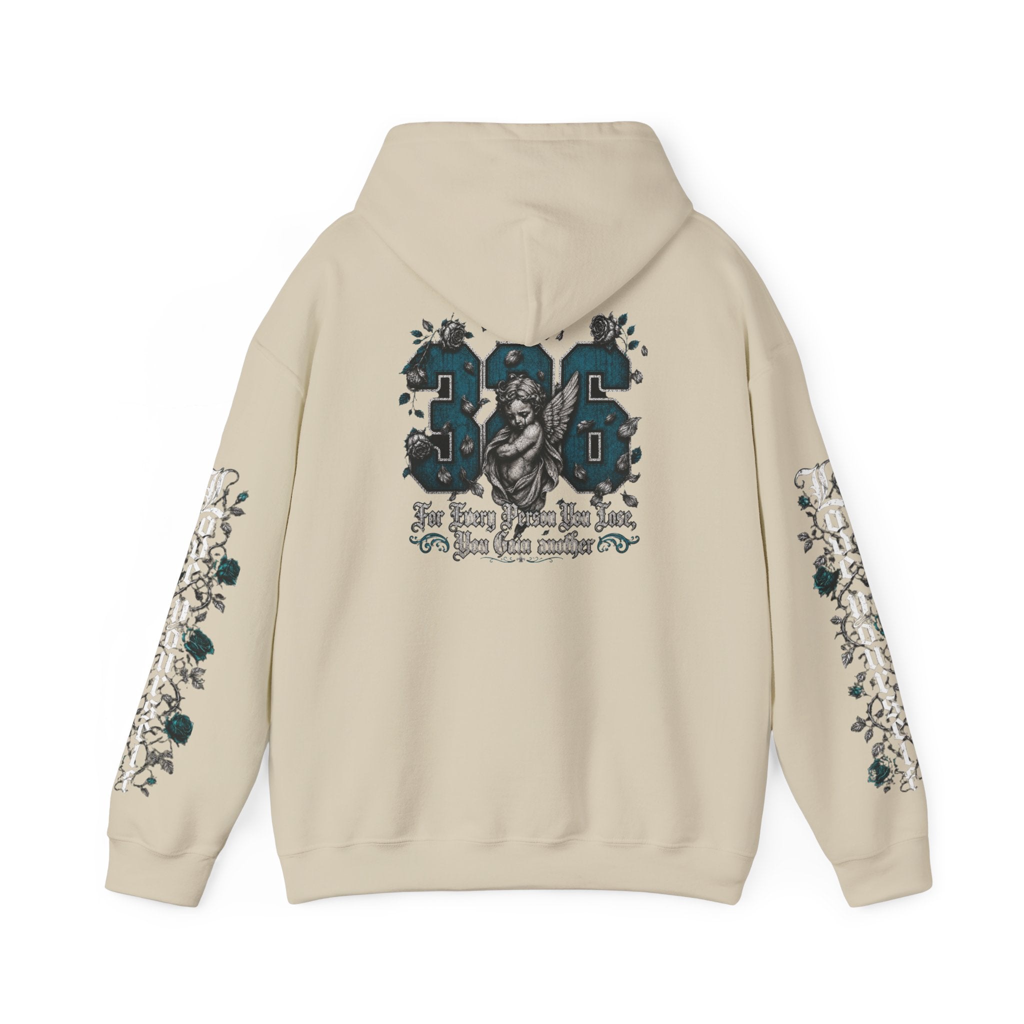 'Teal & Silver 326' Floral Guardian Hoodie with Back Graphic & Sleeve Roses