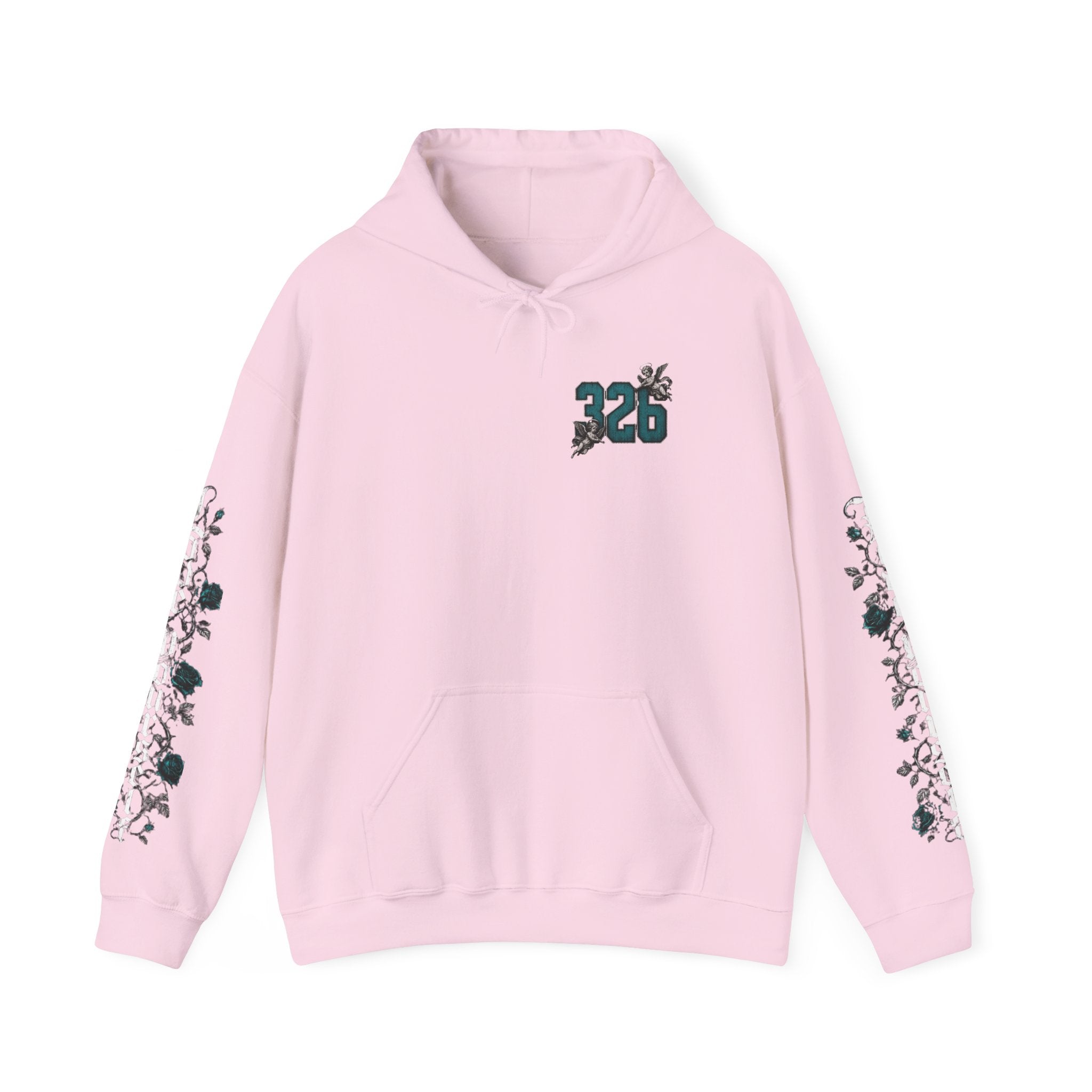 'Teal & Silver 326' Floral Guardian Hoodie with Back Graphic & Sleeve Roses