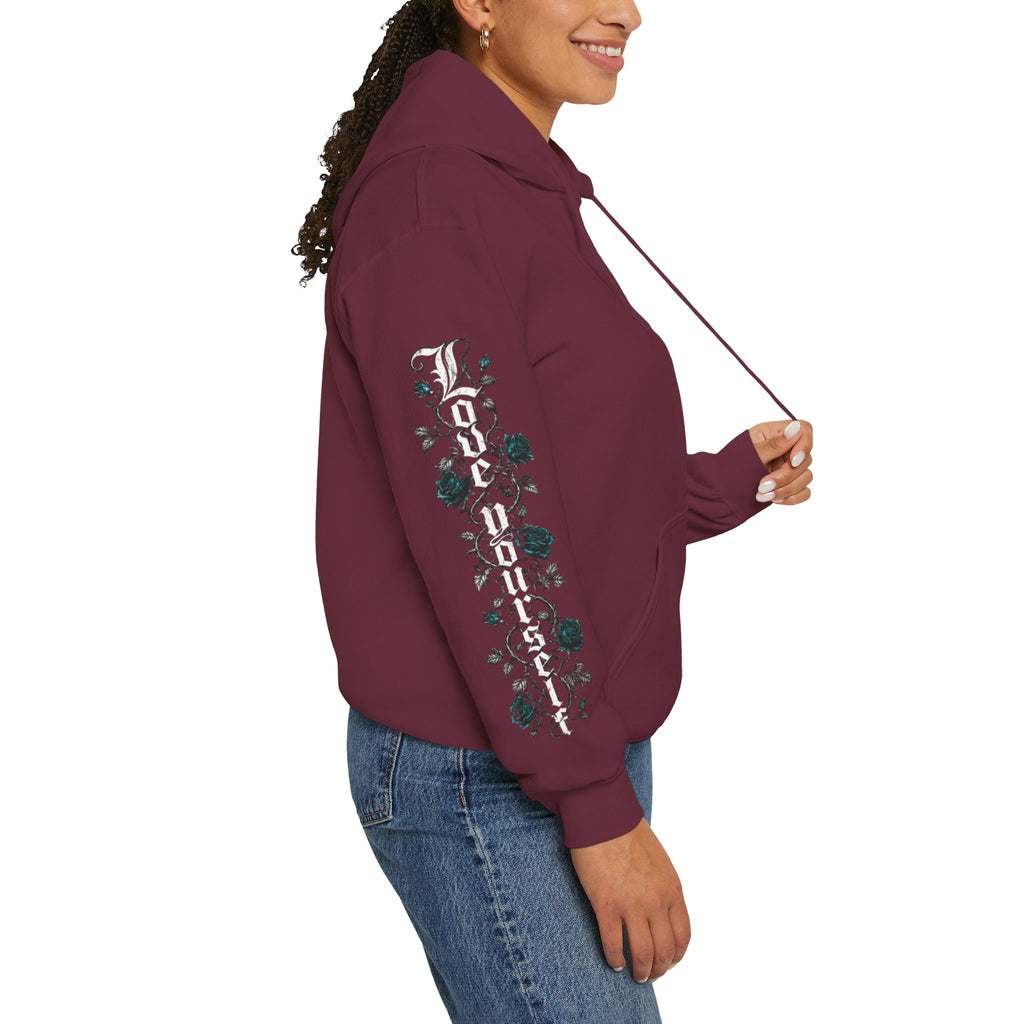 'Teal & Silver 326' Floral Guardian Hoodie with Back Graphic & Sleeve Roses