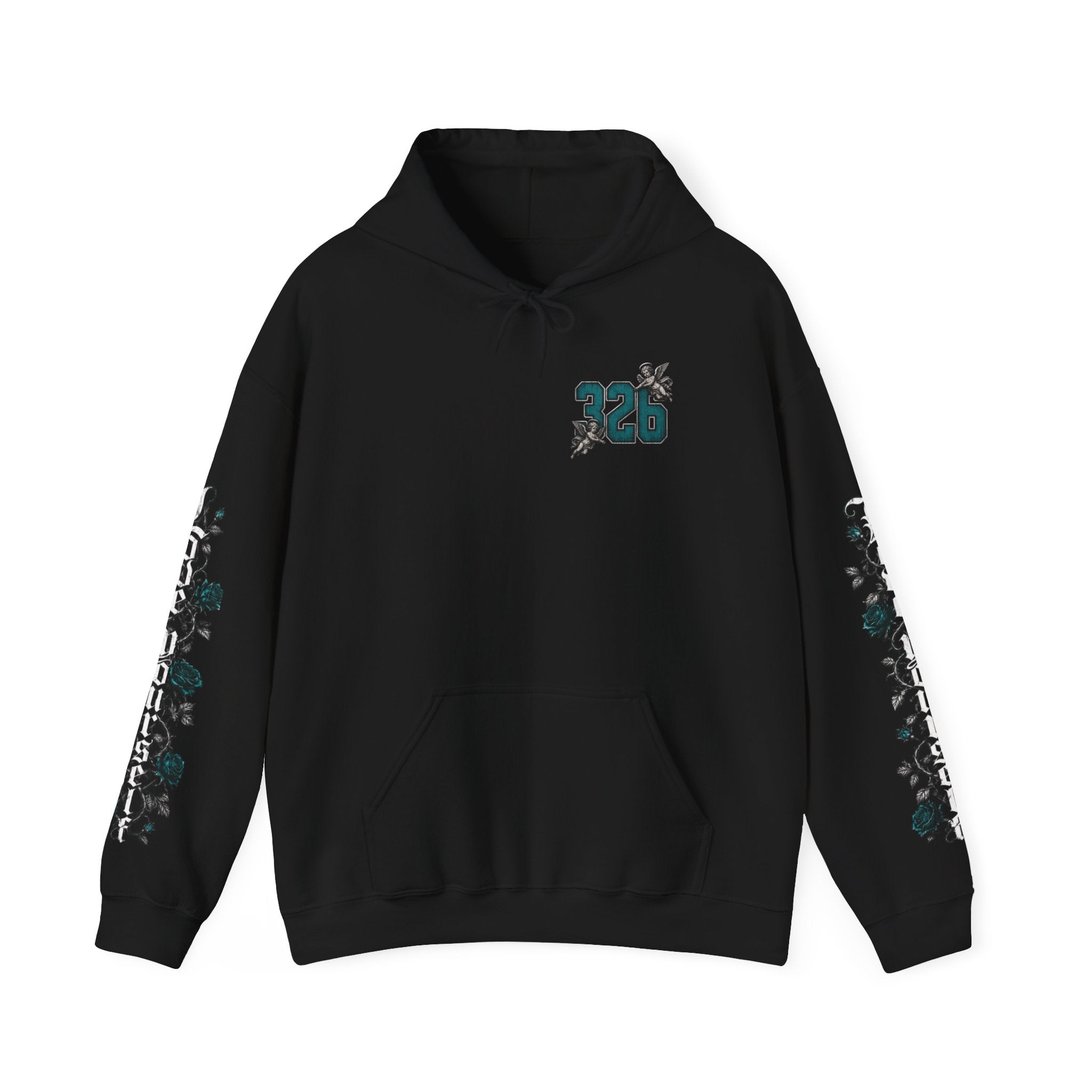 'Teal & Silver 326' Floral Guardian Hoodie with Back Graphic & Sleeve Roses