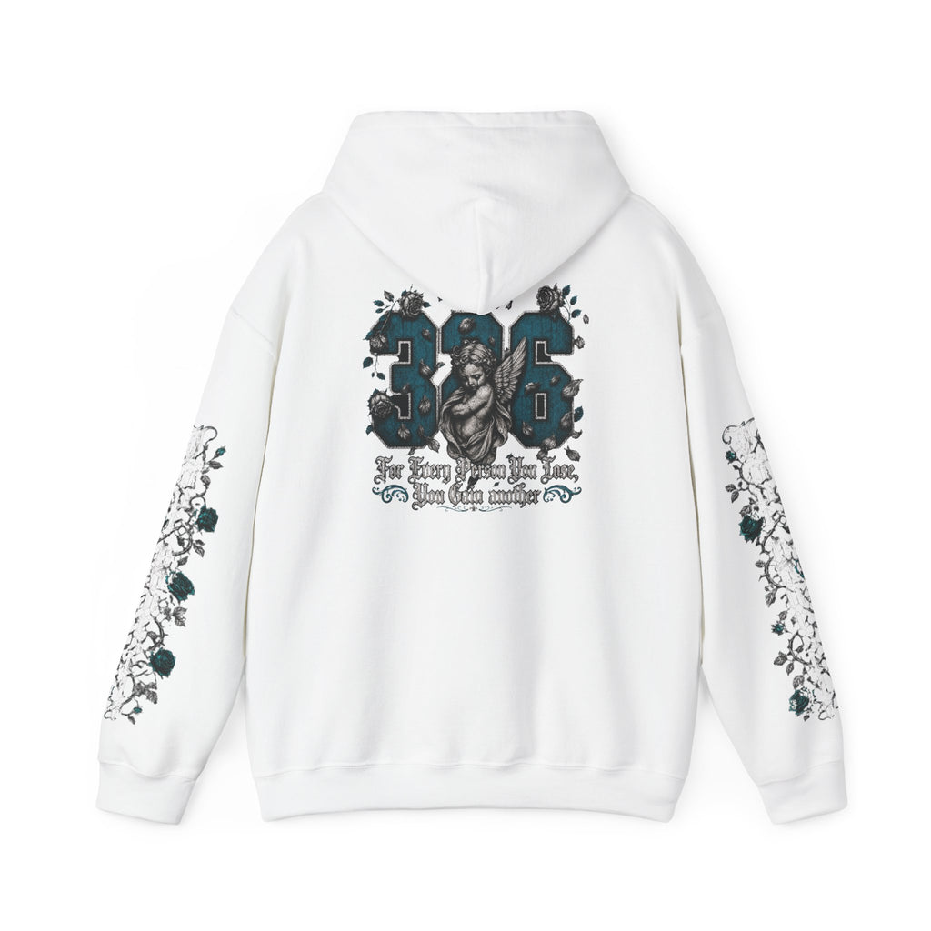 'Teal & Silver 326' Floral Guardian Hoodie with Back Graphic & Sleeve Roses