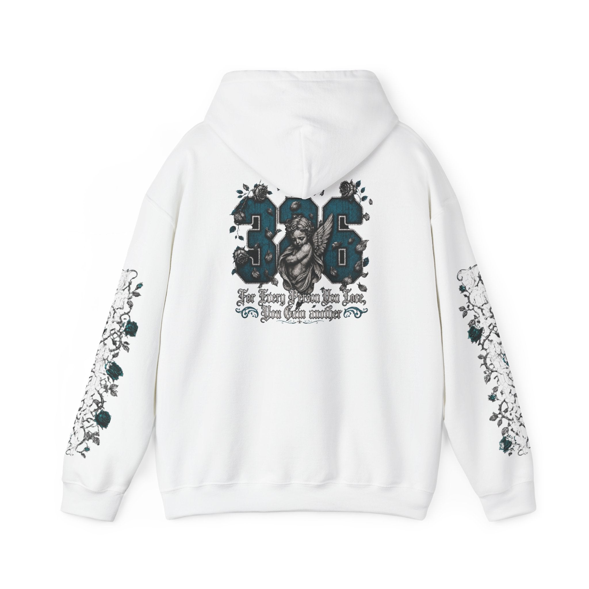 'Teal & Silver 326' Floral Guardian Hoodie with Back Graphic & Sleeve Roses