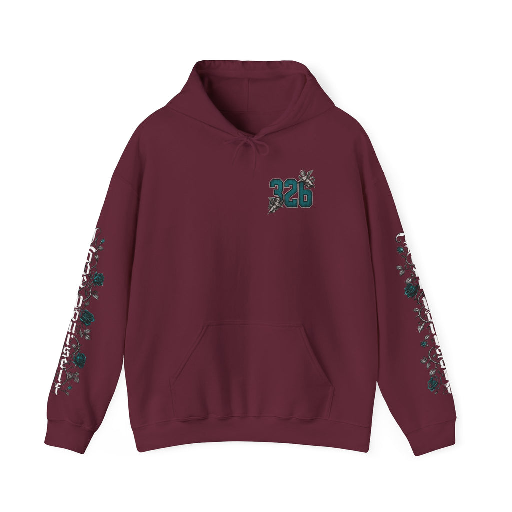 'Teal & Silver 326' Floral Guardian Hoodie with Back Graphic & Sleeve Roses