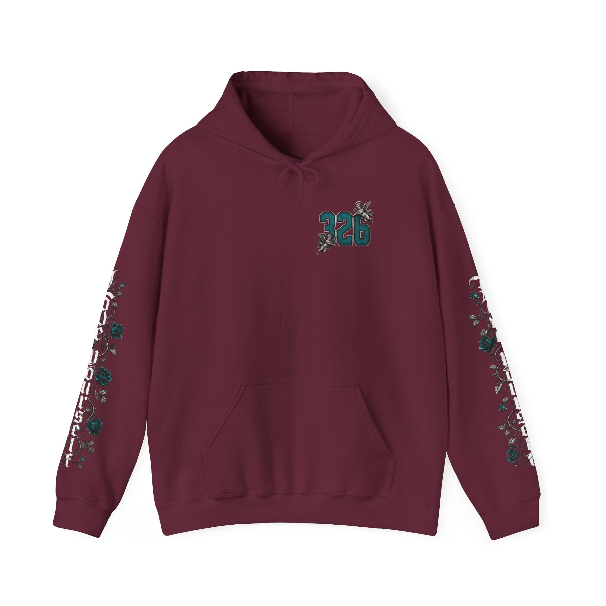 'Teal & Silver 326' Floral Guardian Hoodie with Back Graphic & Sleeve Roses