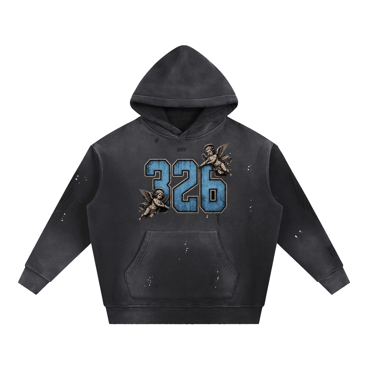 'Sky 326'Vintage Washed Frayed Fleece Hoodie