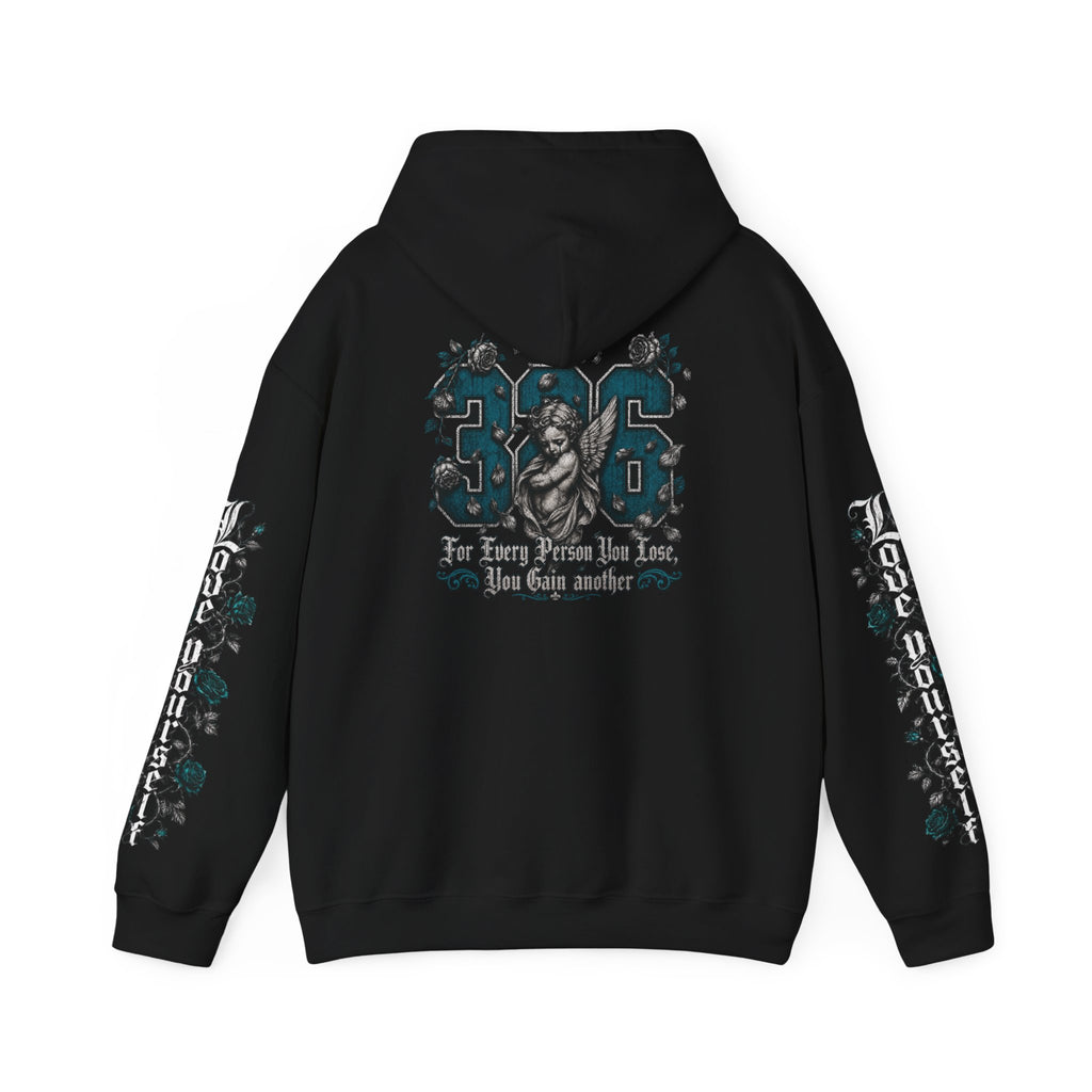 'Teal & Silver 326' Floral Guardian Hoodie with Back Graphic & Sleeve Roses