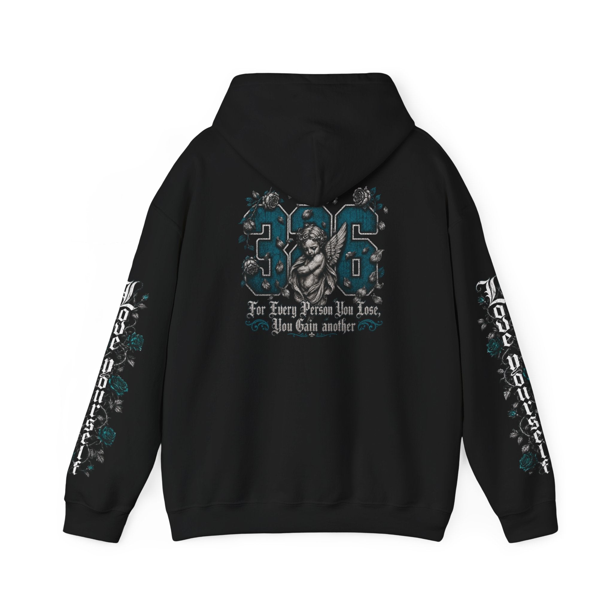 'Teal & Silver 326' Floral Guardian Hoodie with Back Graphic & Sleeve Roses