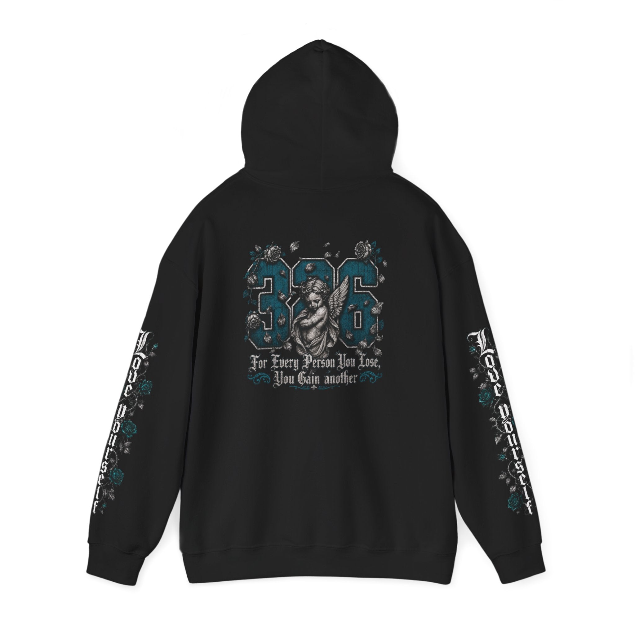 'Teal & Silver 326' Floral Guardian Hoodie with Back Graphic & Sleeve Roses