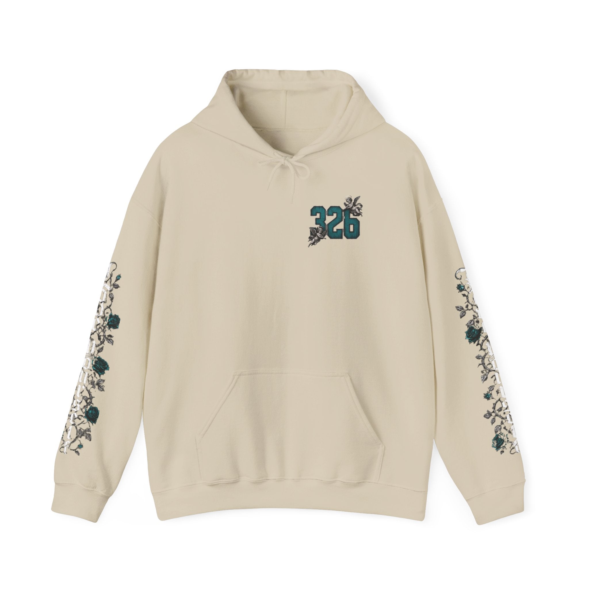 'Teal & Silver 326' Floral Guardian Hoodie with Back Graphic & Sleeve Roses