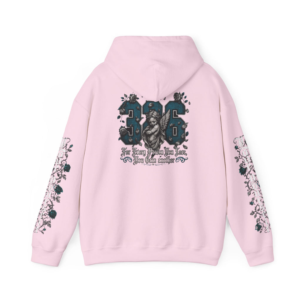 'Teal & Silver 326' Floral Guardian Hoodie with Back Graphic & Sleeve Roses