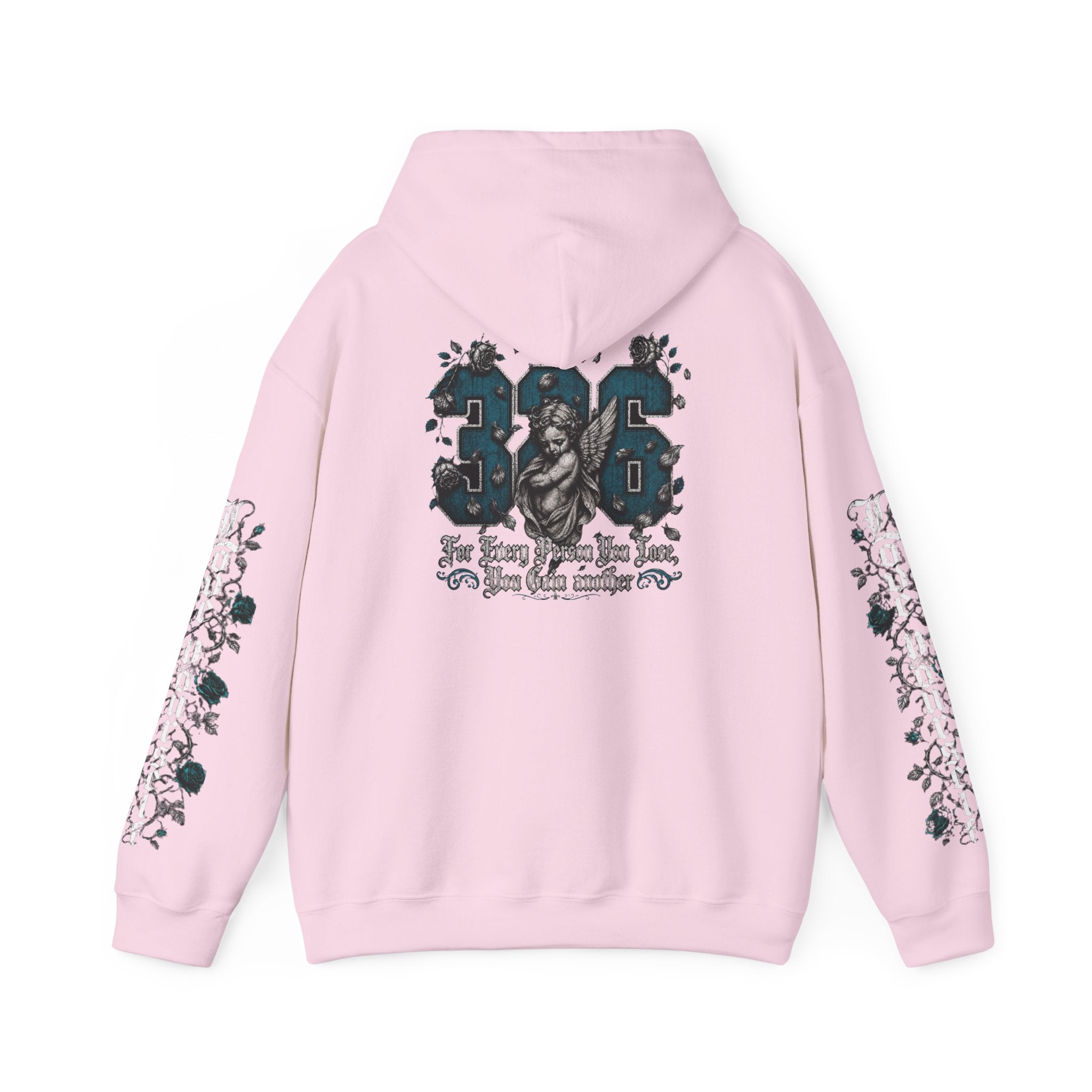 'Teal & Silver 326' Floral Guardian Hoodie with Back Graphic & Sleeve Roses