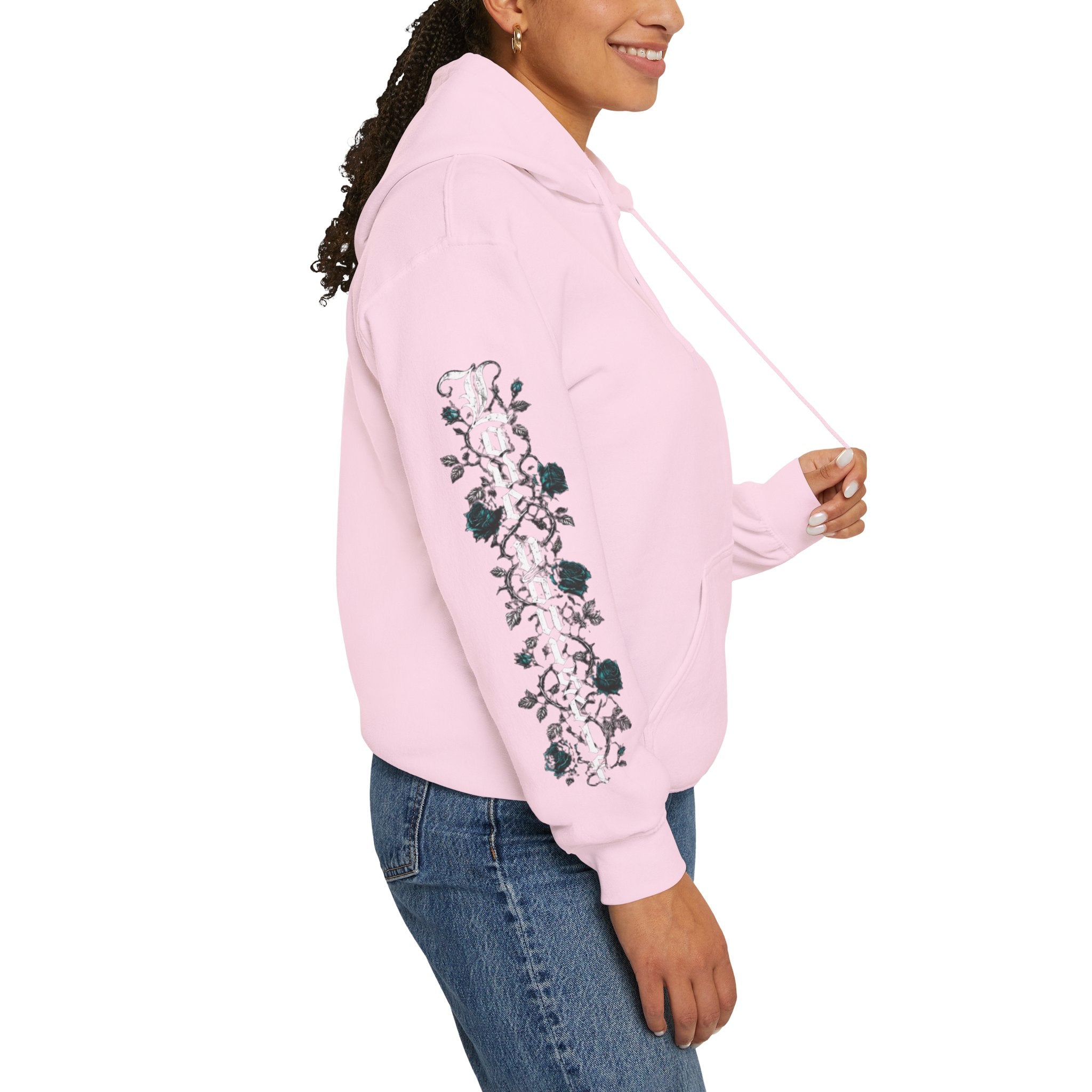 'Teal & Silver 326' Floral Guardian Hoodie with Back Graphic & Sleeve Roses