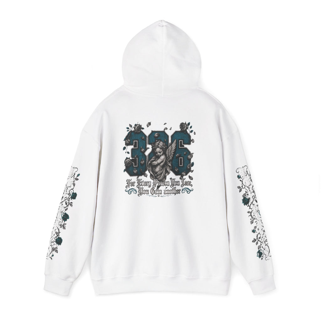 'Teal & Silver 326' Floral Guardian Hoodie with Back Graphic & Sleeve Roses