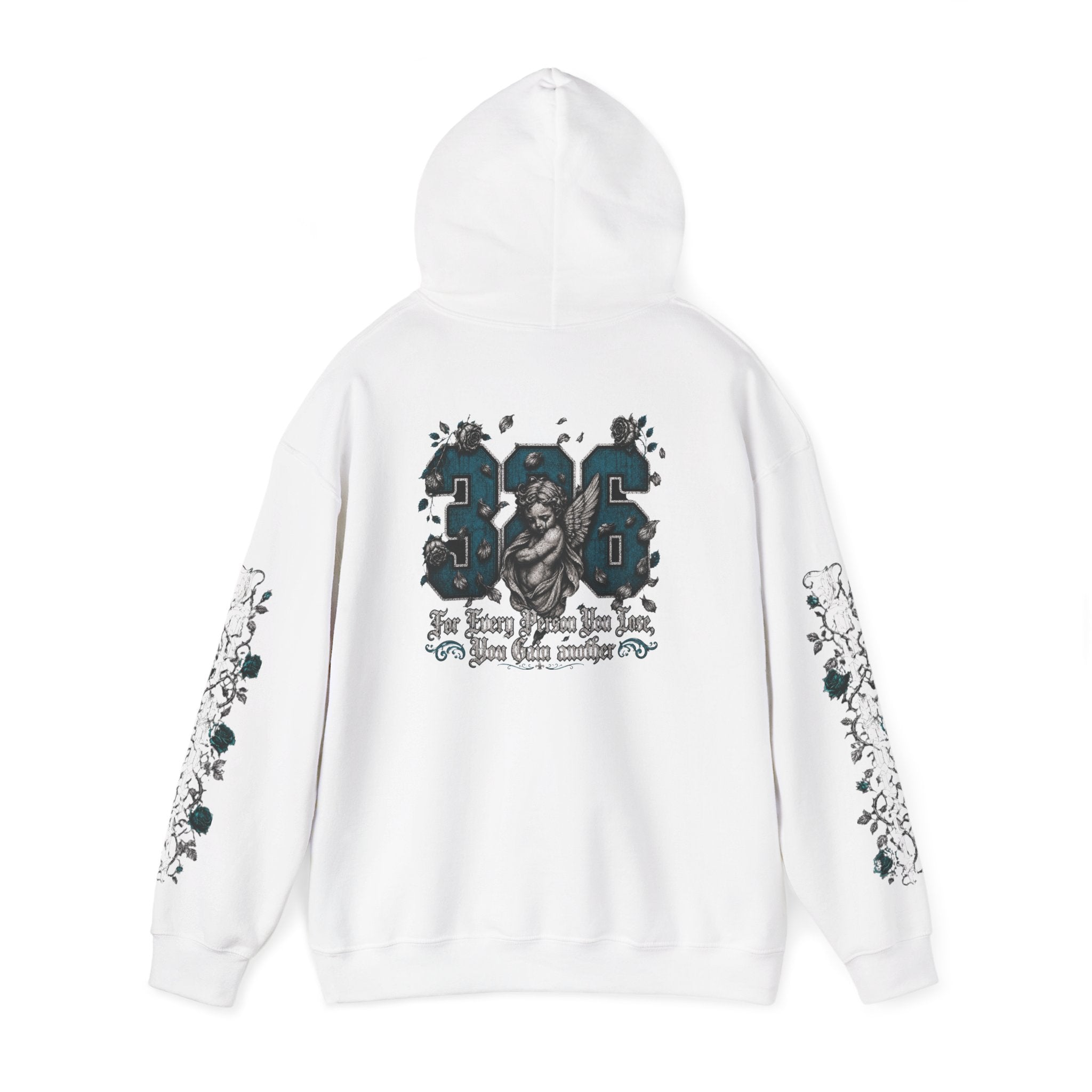 'Teal & Silver 326' Floral Guardian Hoodie with Back Graphic & Sleeve Roses
